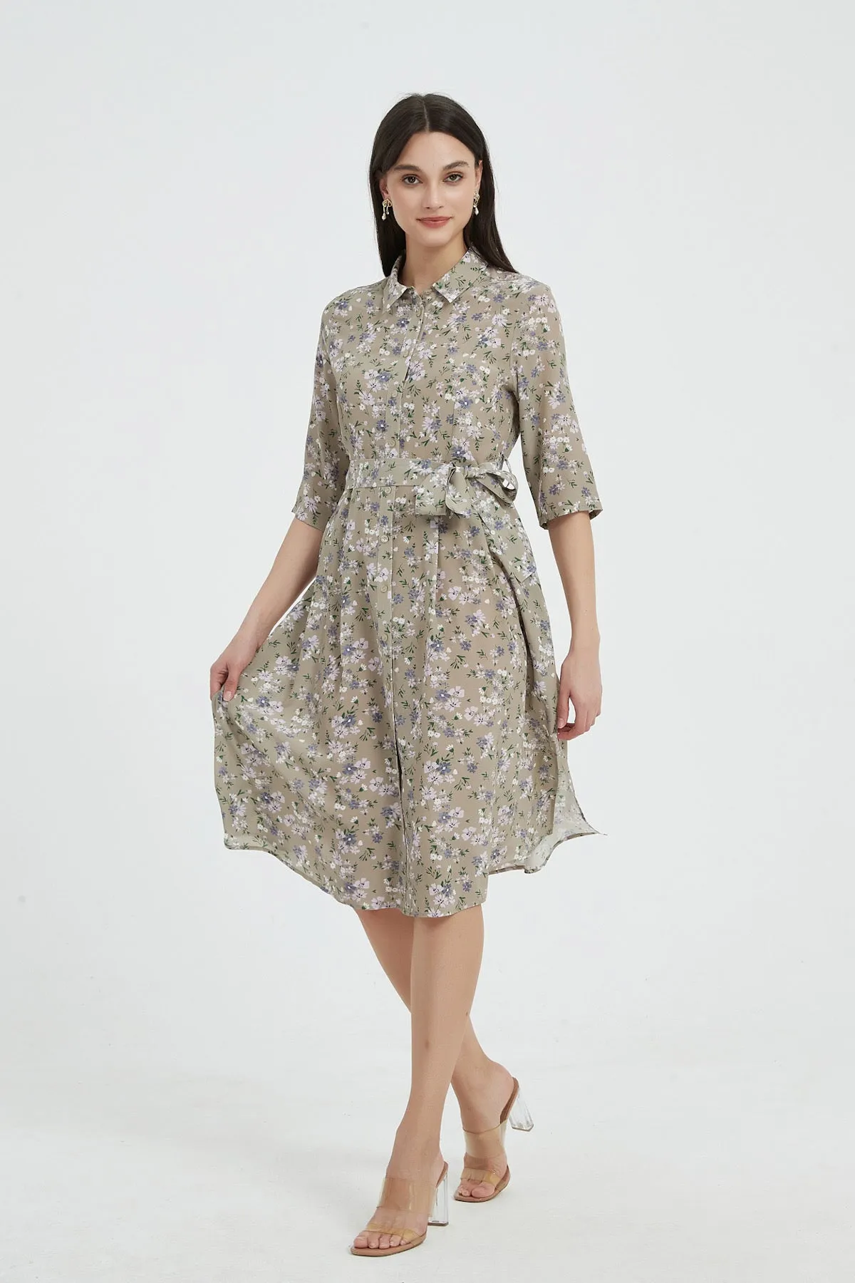 Aerin Floral Washable Silk Shirt Dress