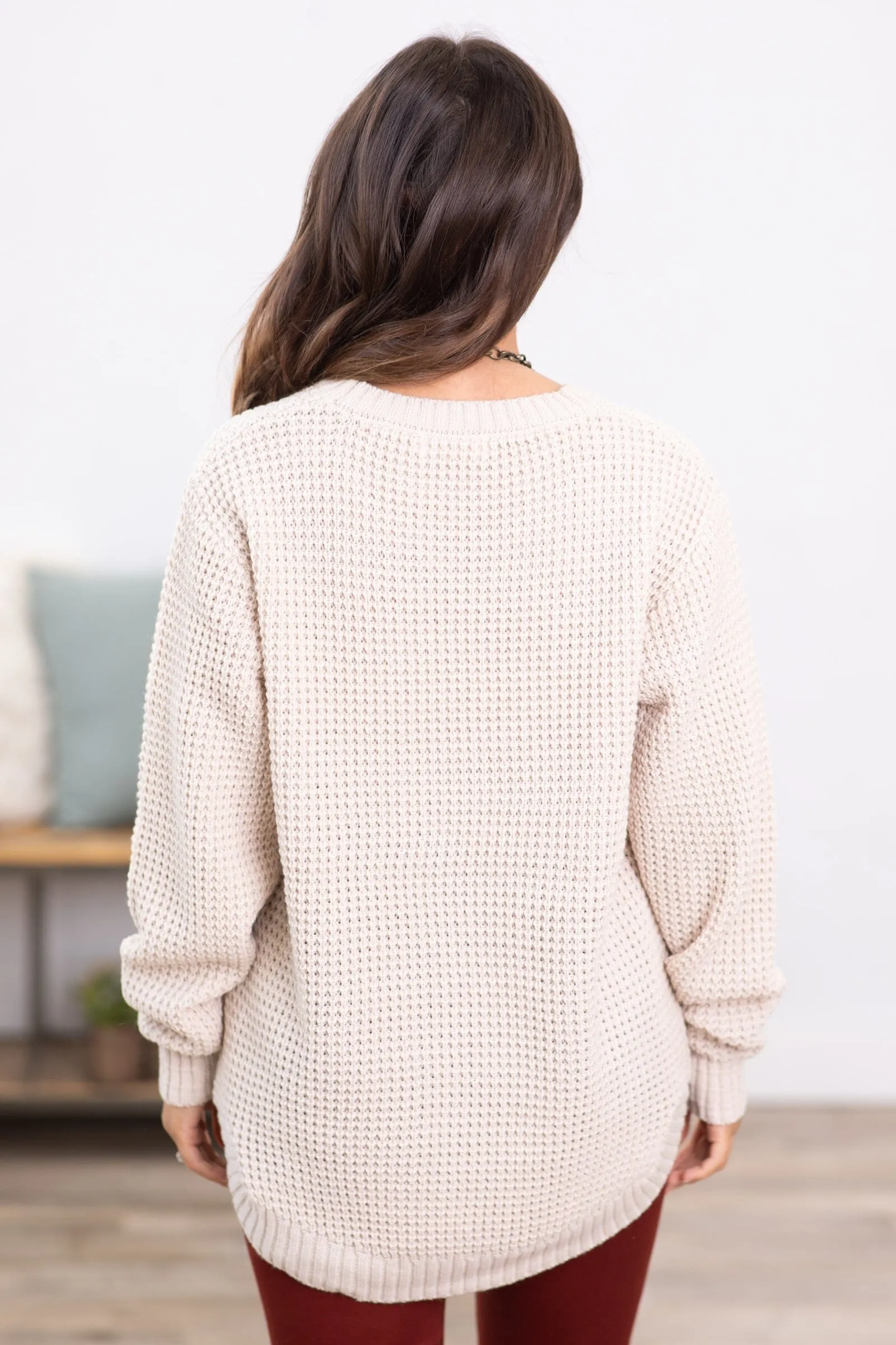 Beige Waffle Knit Round Hem Sweater