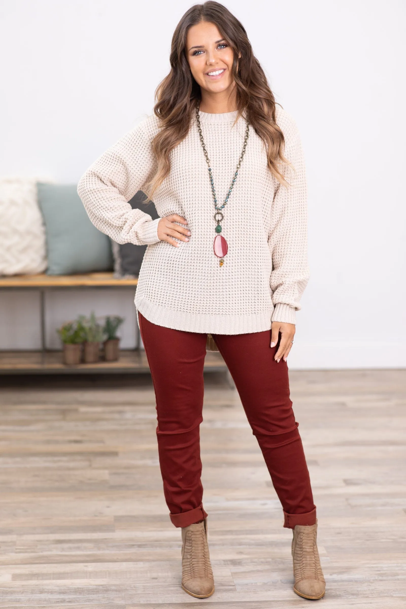 Beige Waffle Knit Round Hem Sweater