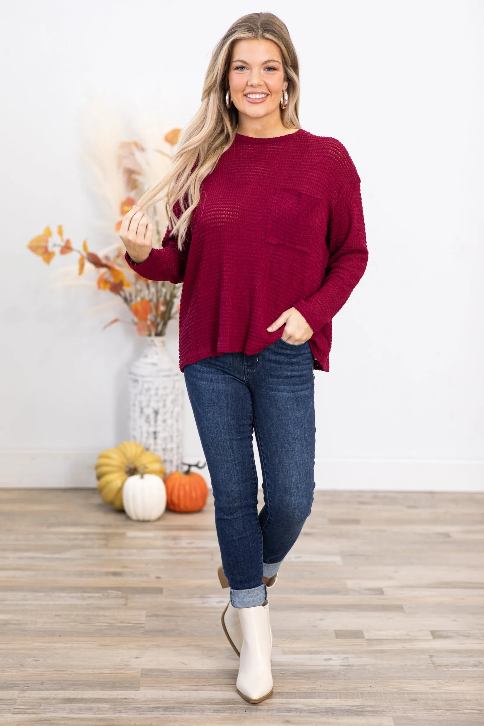 Berry Waffle Knit Sweater With Pocket