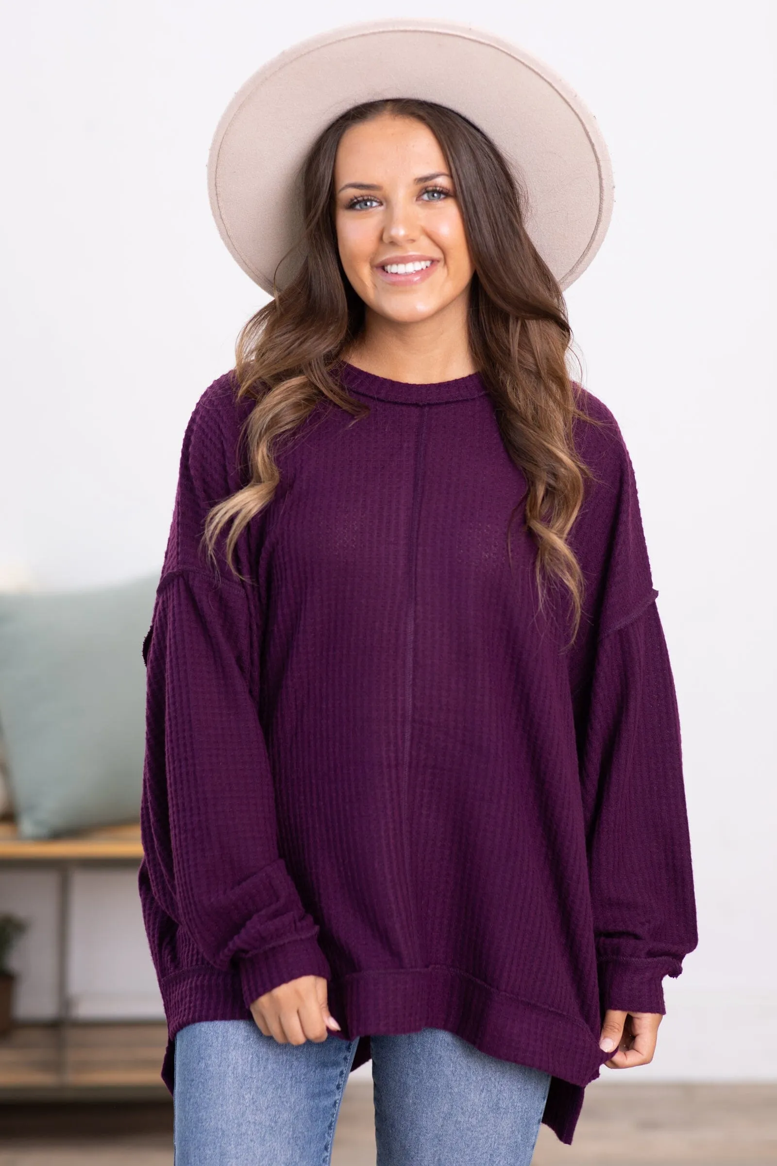 Berry Waffle Knit Sweater With Seam Detail