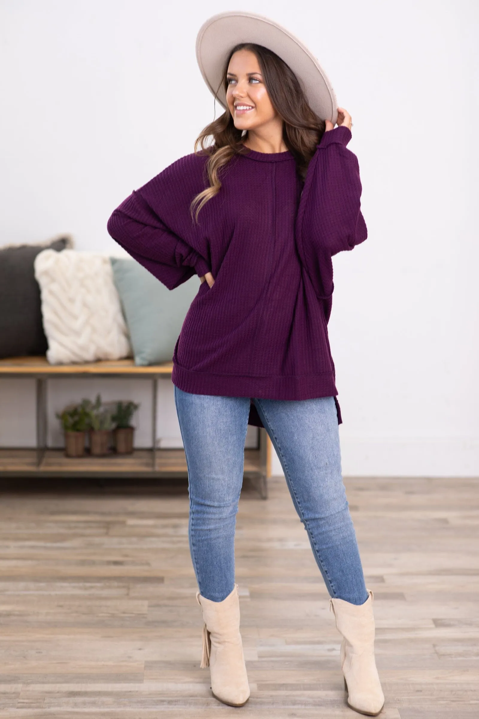 Berry Waffle Knit Sweater With Seam Detail