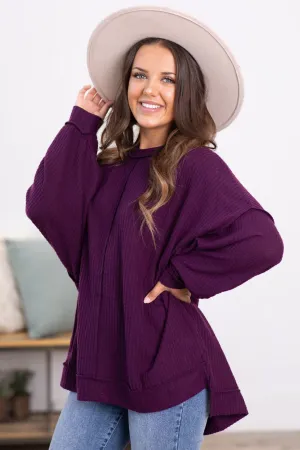 Berry Waffle Knit Sweater With Seam Detail