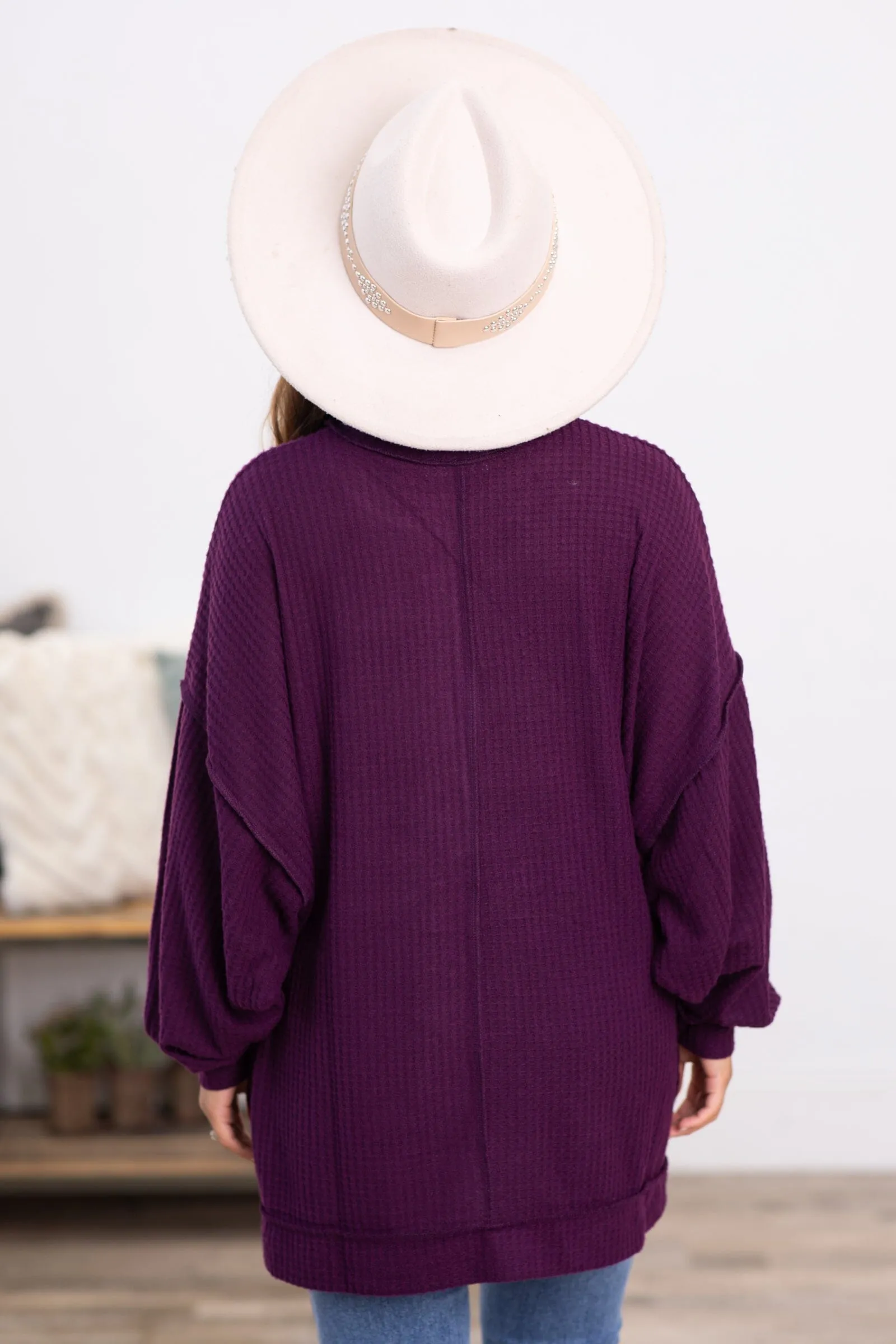 Berry Waffle Knit Sweater With Seam Detail