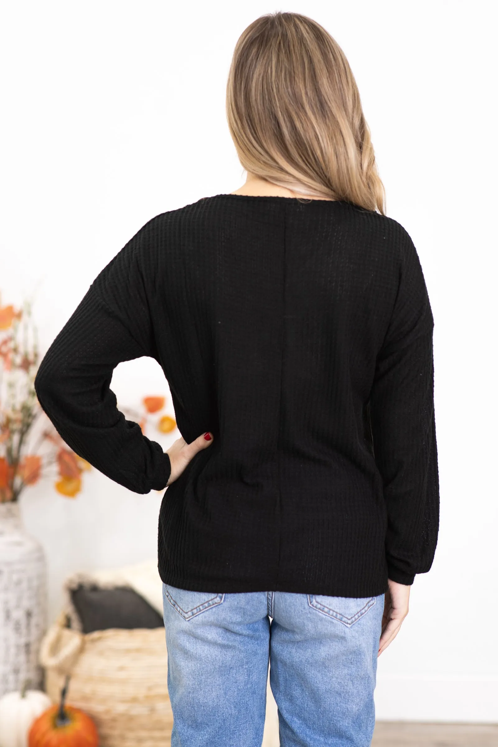 Black Brushed Waffle Knit Sweater