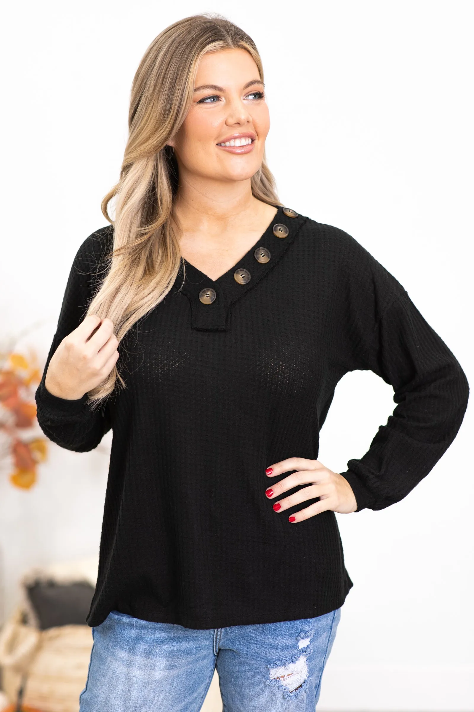 Black Brushed Waffle Knit Sweater