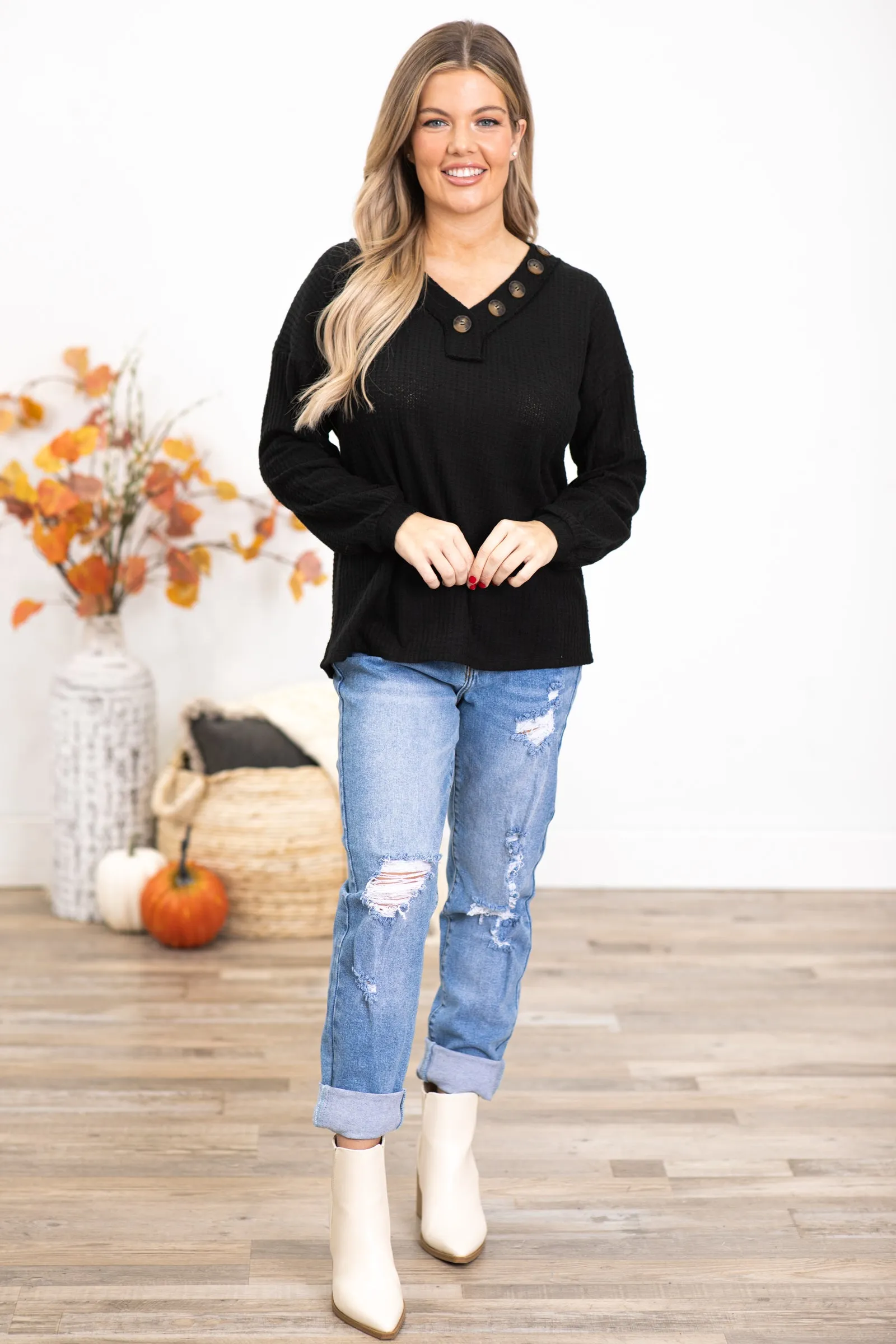 Black Brushed Waffle Knit Sweater
