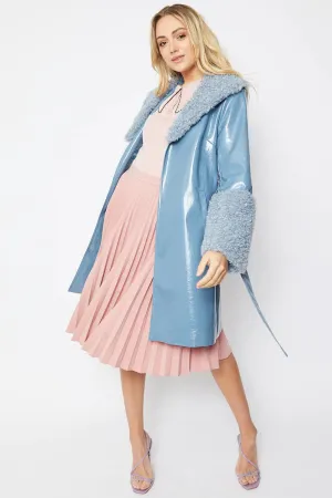Blue Faux Leather Trench Coat With Faux Shearling Collar And Cuffs