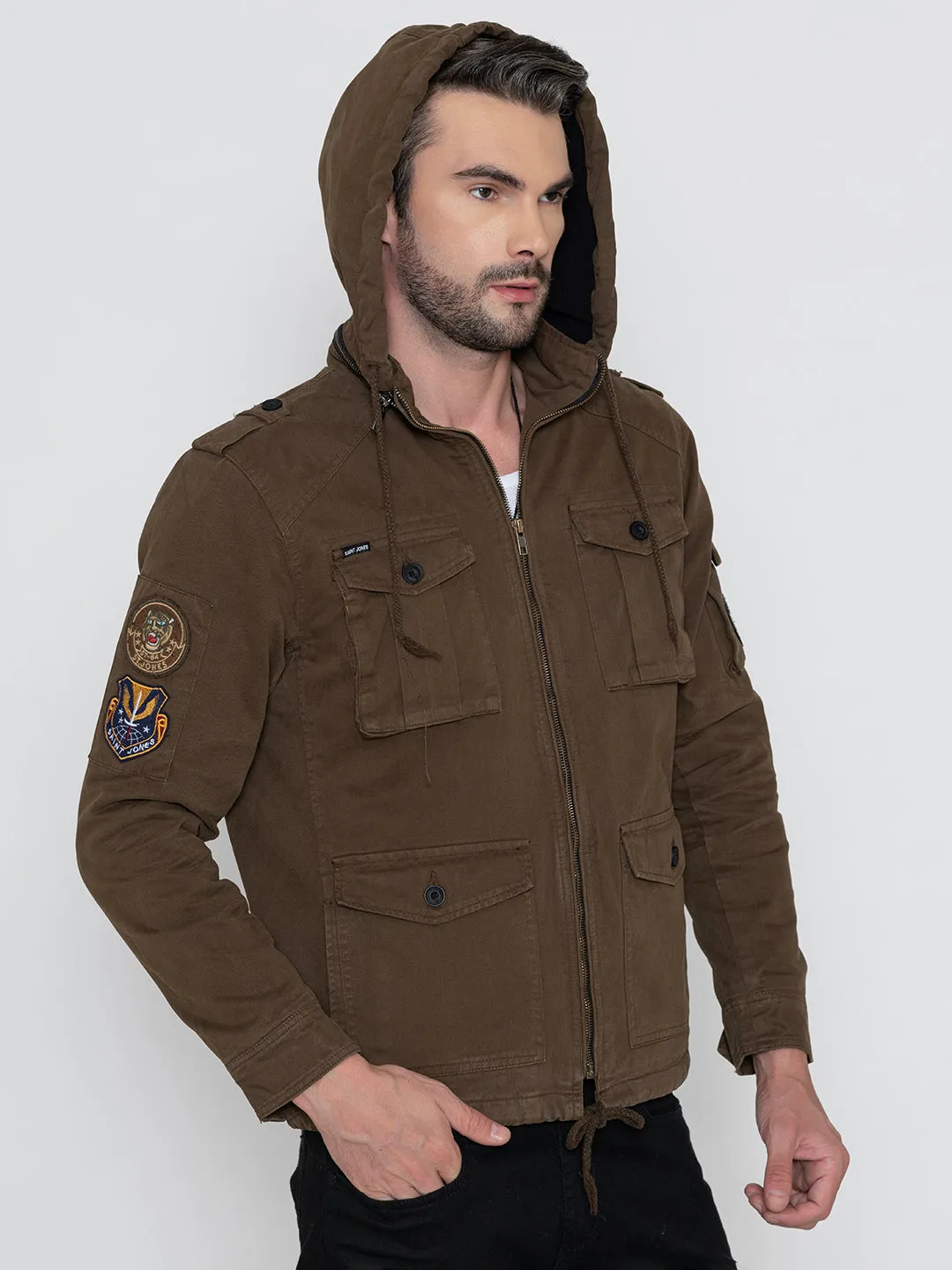 BROWN DETACHABLE HOODED JACKET.
