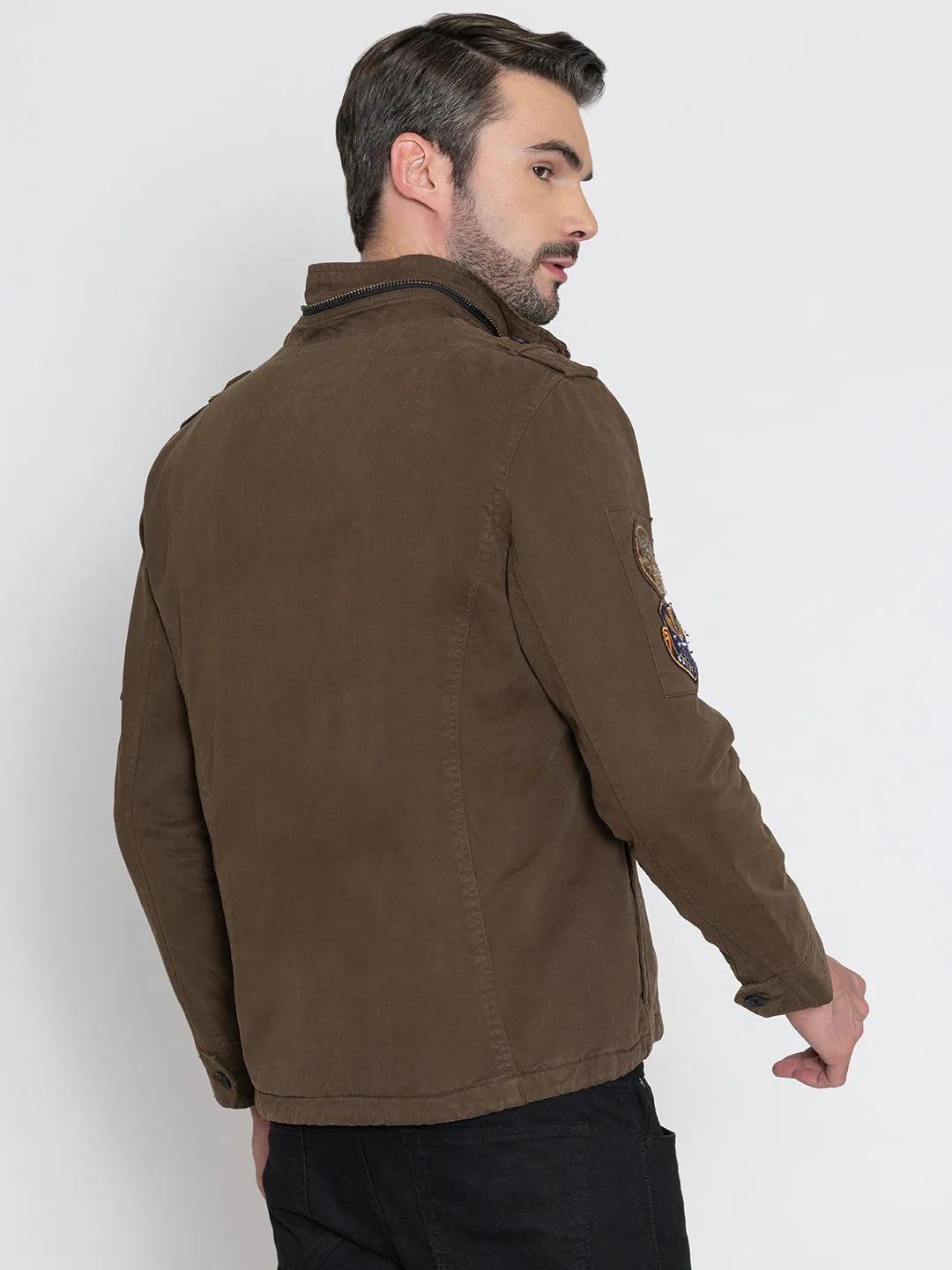 BROWN DETACHABLE HOODED JACKET.