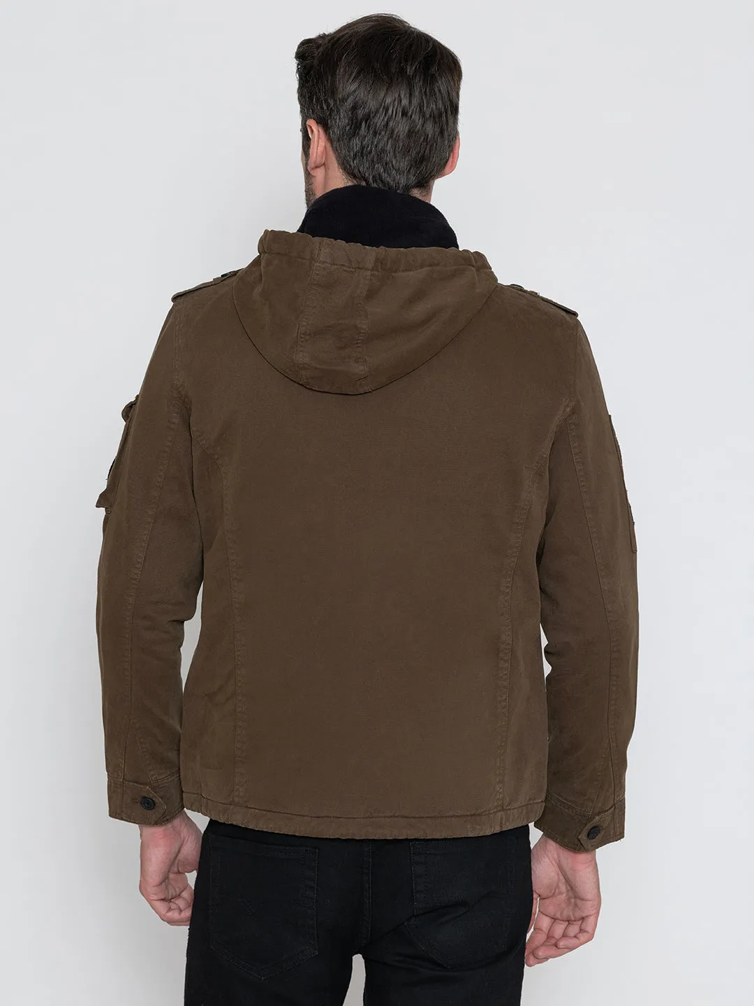 BROWN DETACHABLE HOODED JACKET.