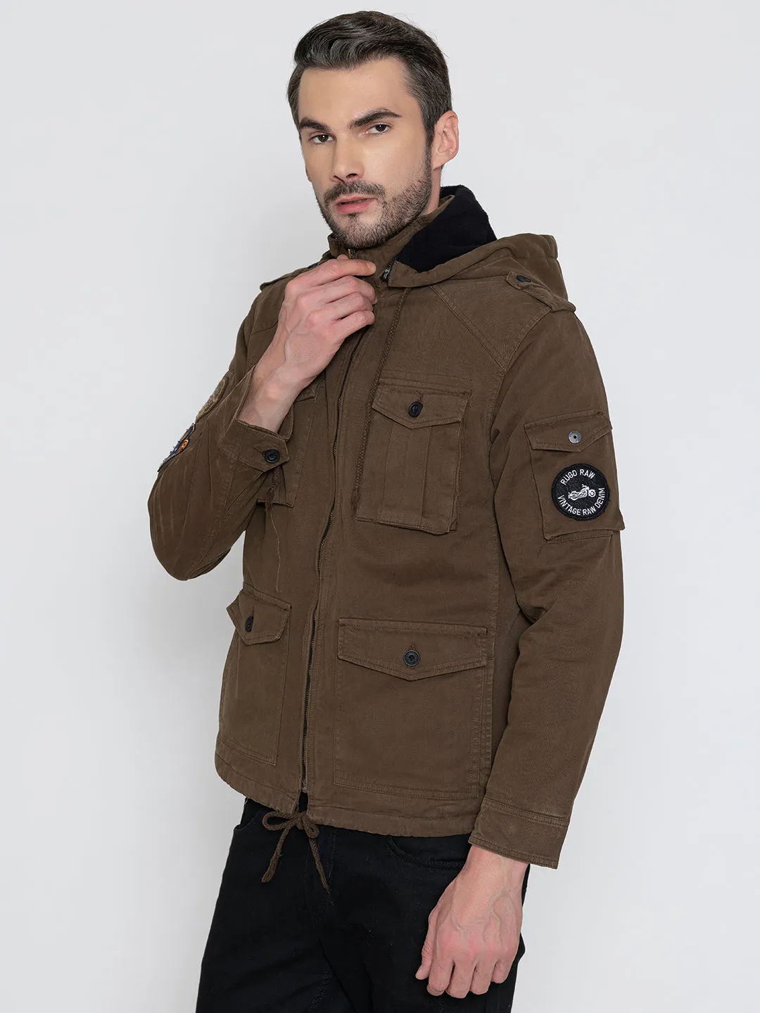 BROWN DETACHABLE HOODED JACKET.