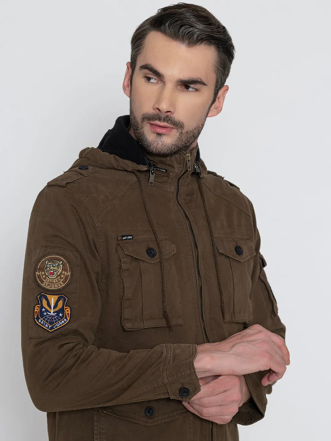 BROWN DETACHABLE HOODED JACKET.