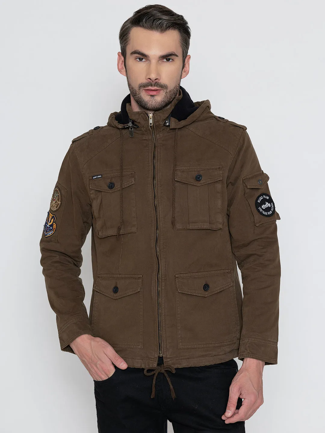 BROWN DETACHABLE HOODED JACKET.