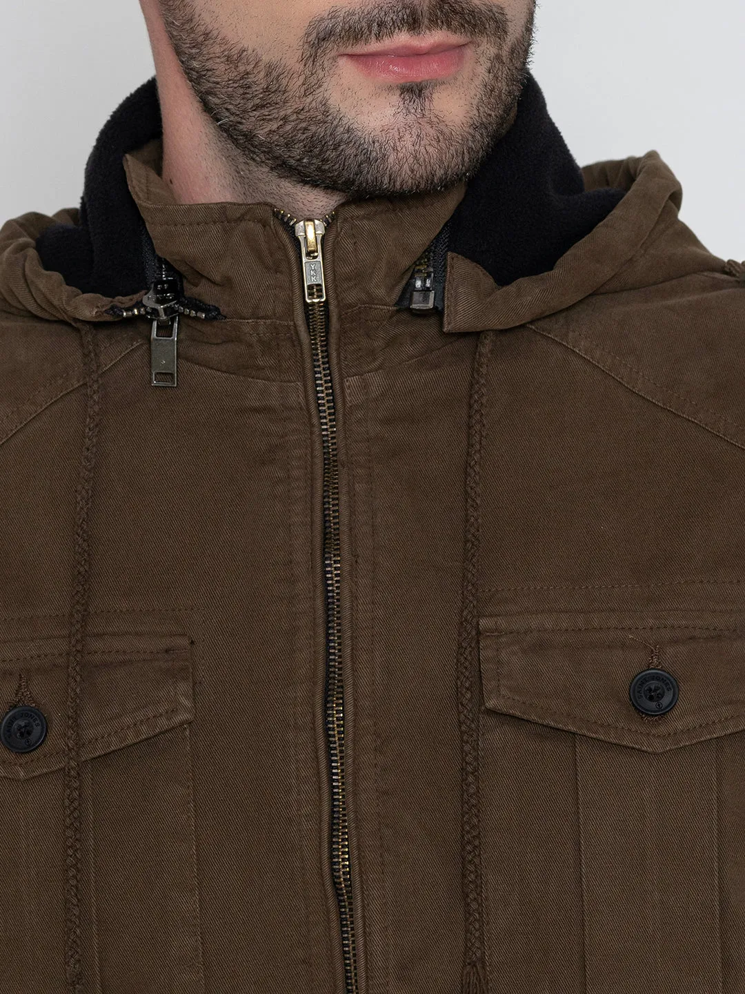 BROWN DETACHABLE HOODED JACKET.