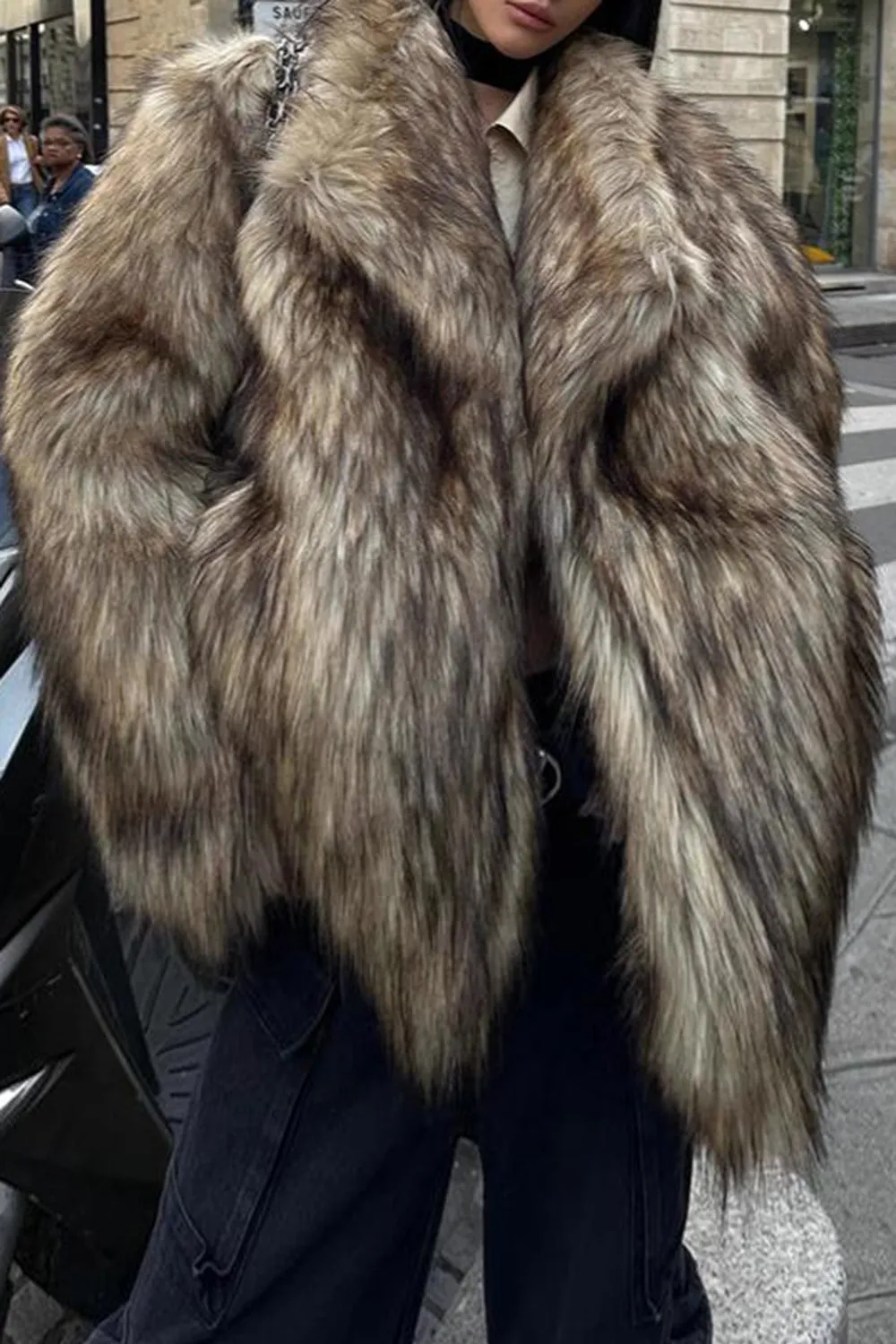 Brown Fluffy Faux Fur Long Sleeve Open Front Short Coat