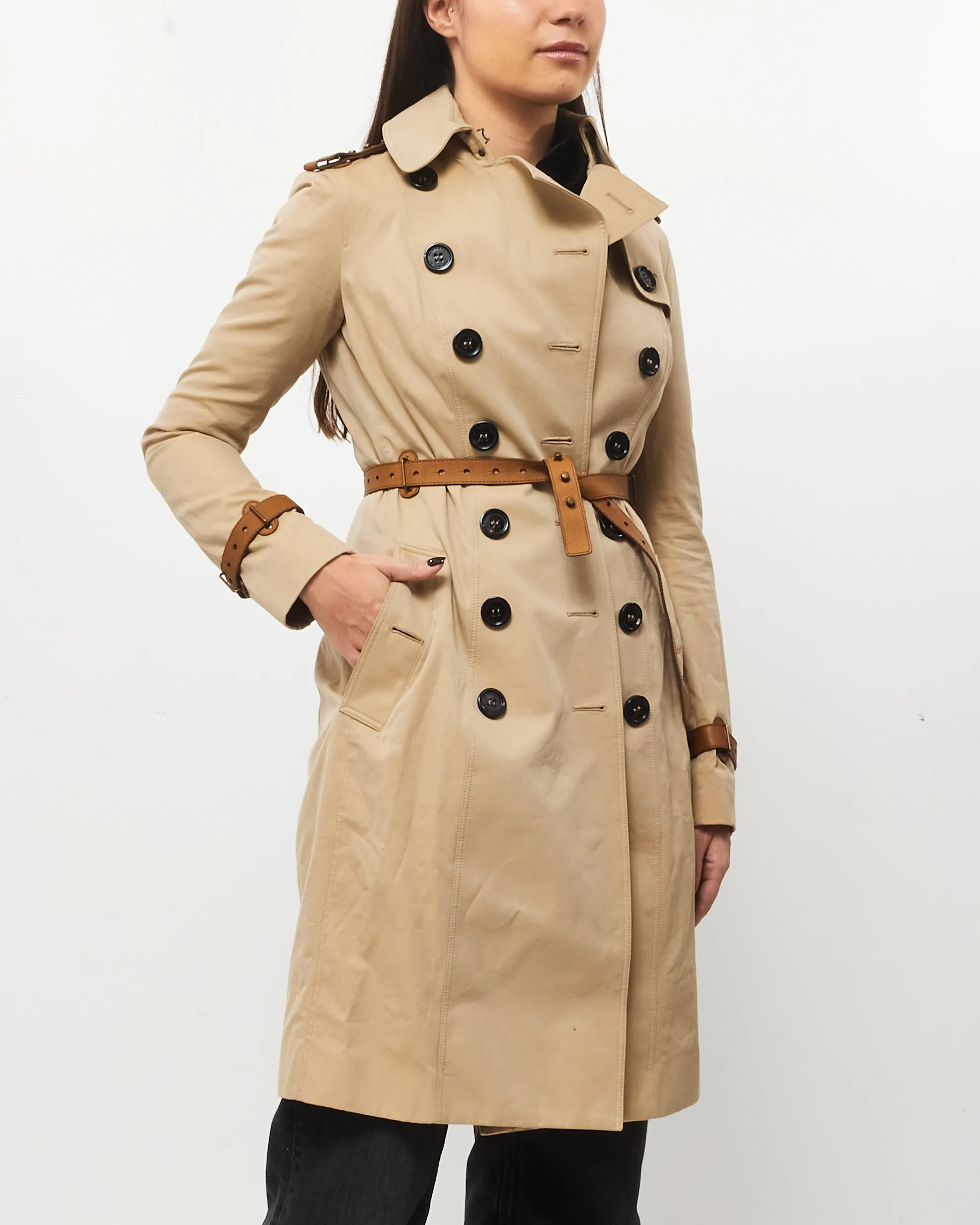 Burberry Beige Trench Coat W/ Brown Leather Detailing - 38