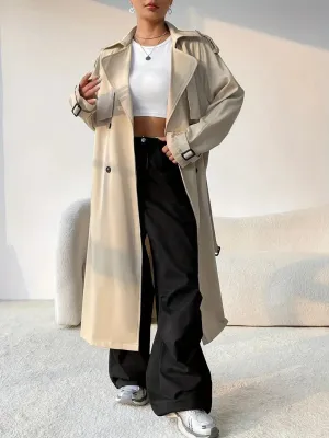 Button-Up Longline Trench Coat with Collared Neck and Long Sleeves