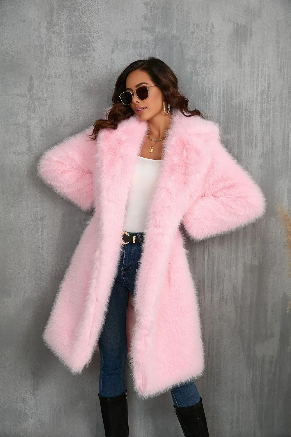 Camel  Notched Lapel Long Faux Fur Long Shaggy Women Coat