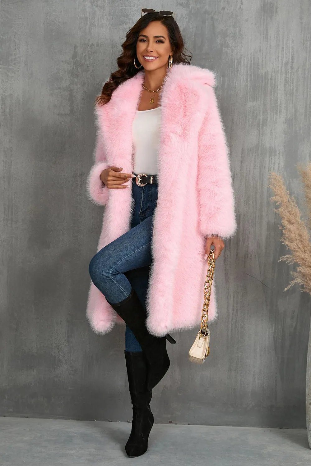 Camel  Notched Lapel Long Faux Fur Long Shaggy Women Coat