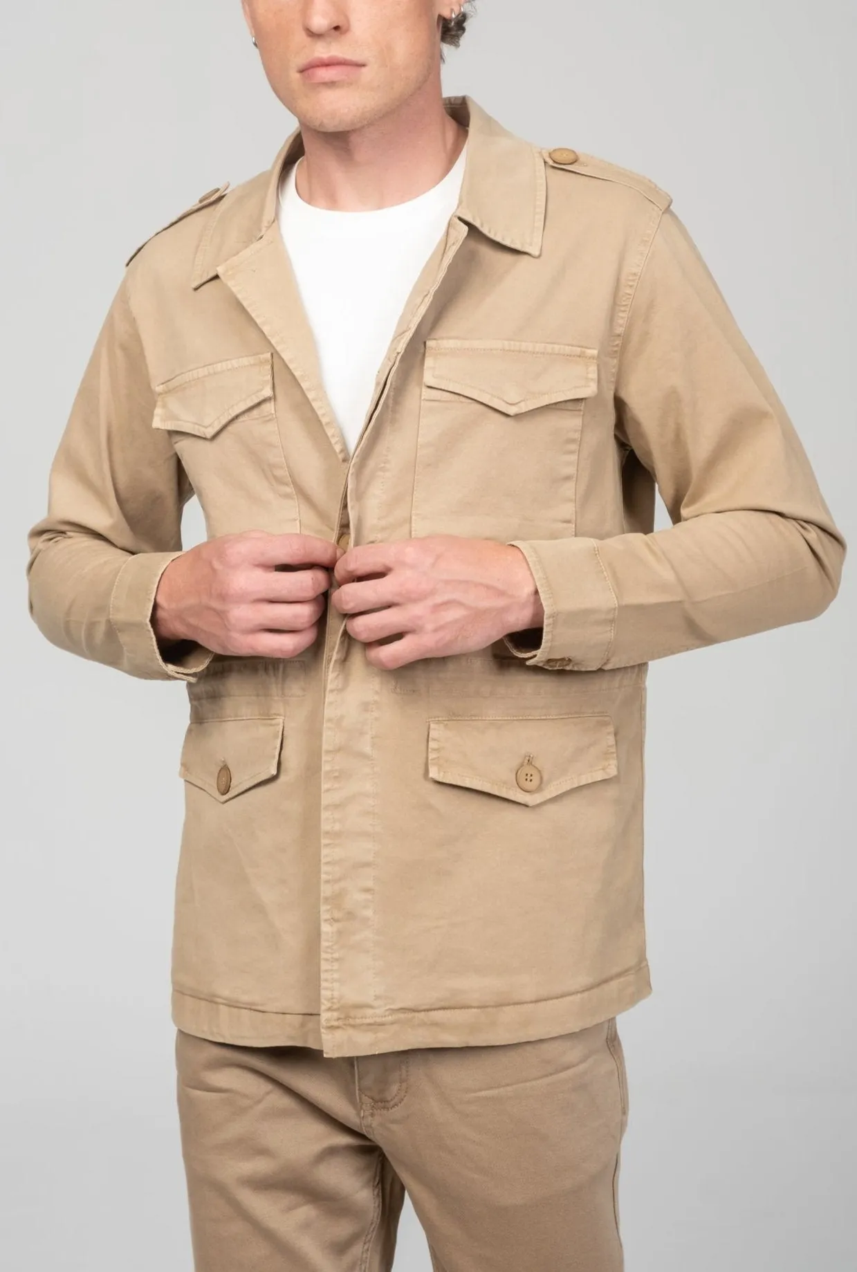 Cotton Fitted Utility Jacket - Stone