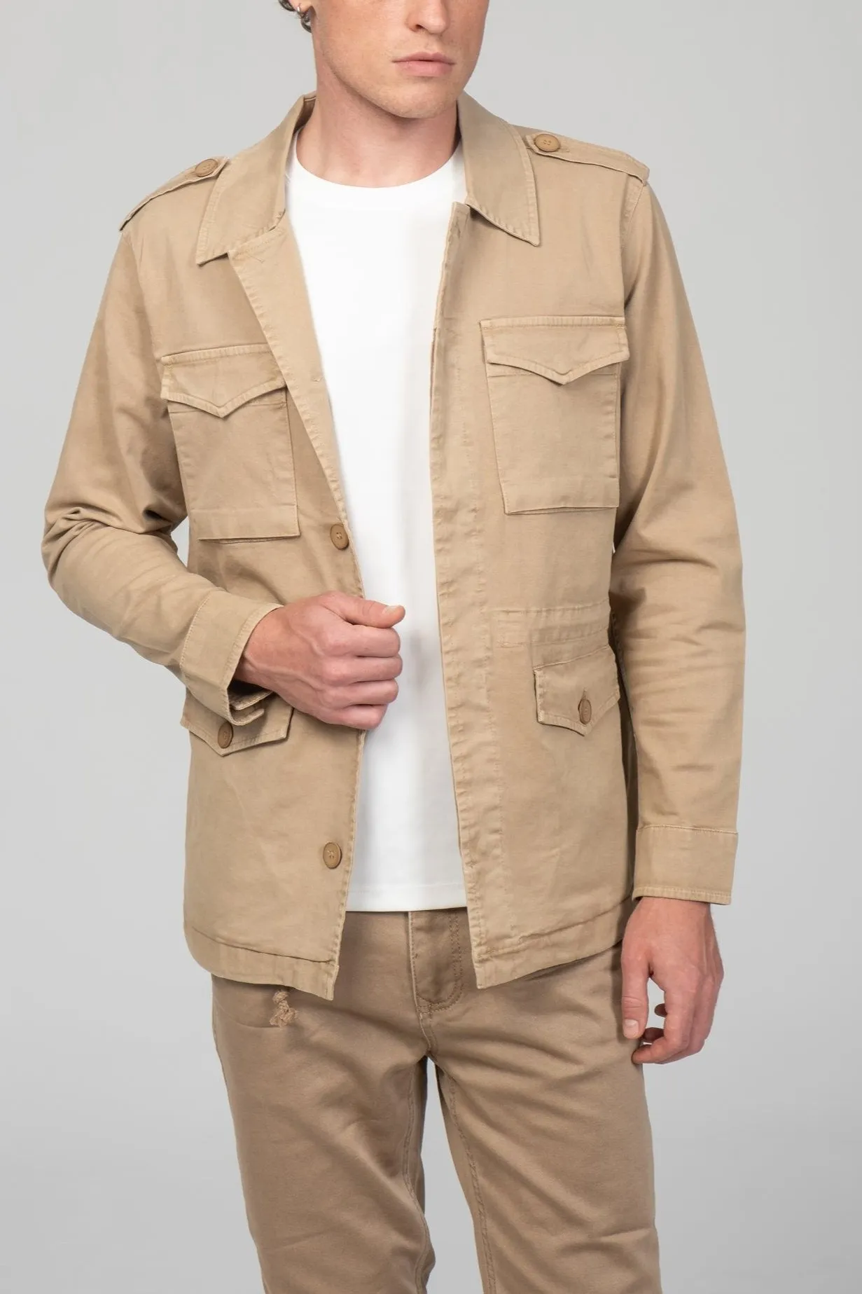 Cotton Fitted Utility Jacket - Stone