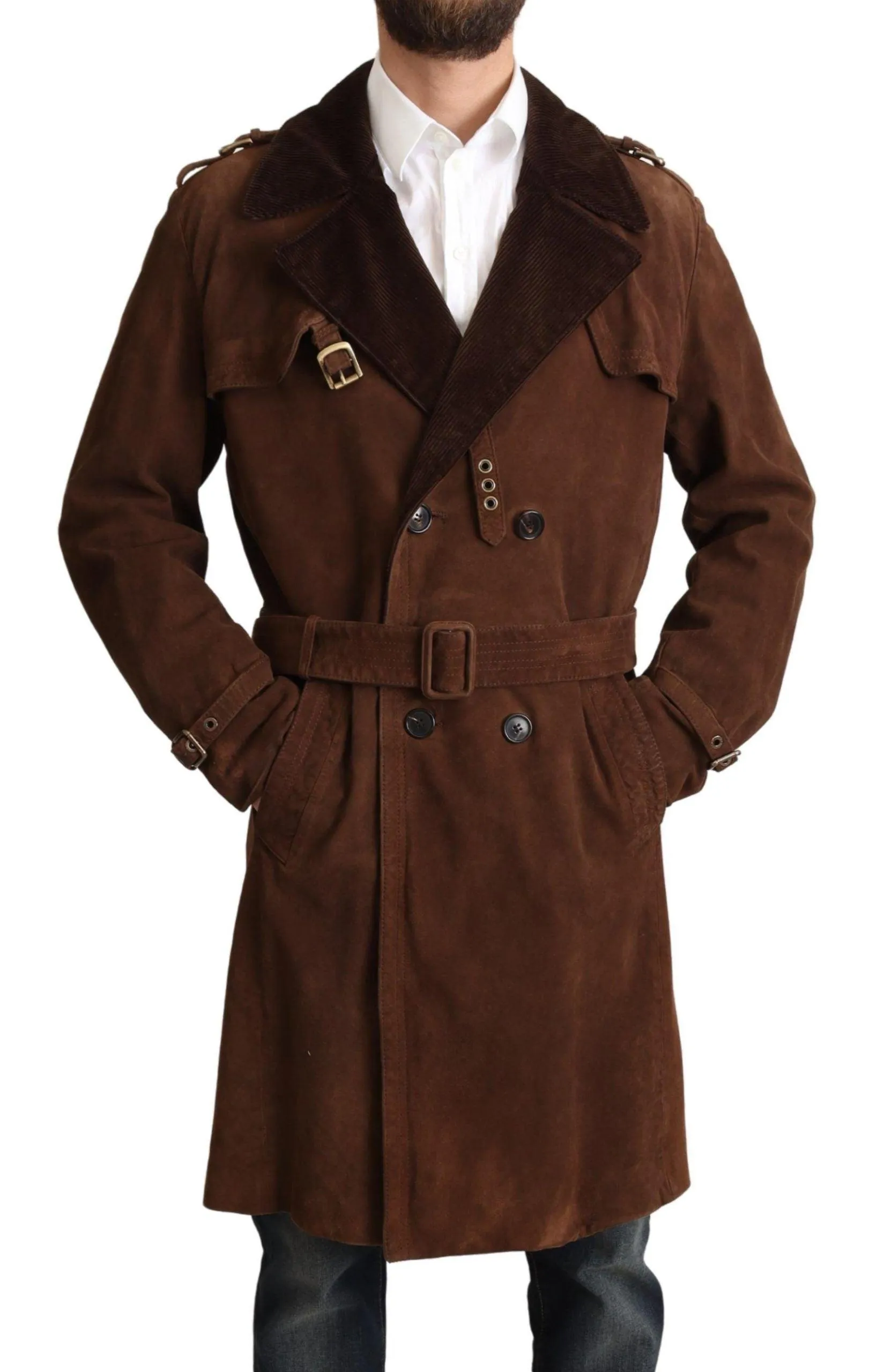 Dolce & Gabbana Brown Leather Long Trench Coat Men Jacket