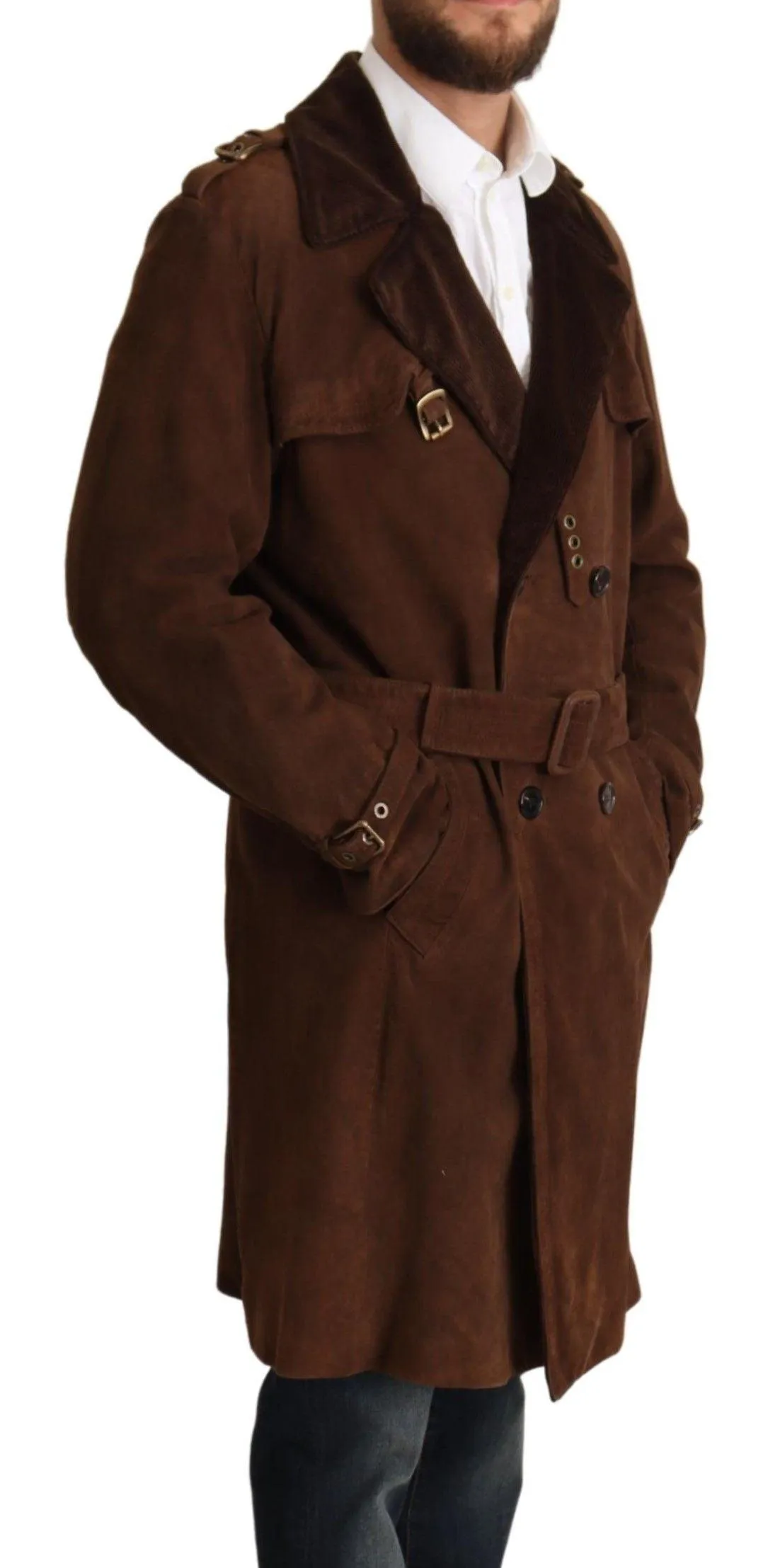 Dolce & Gabbana Brown Leather Long Trench Coat Men Jacket