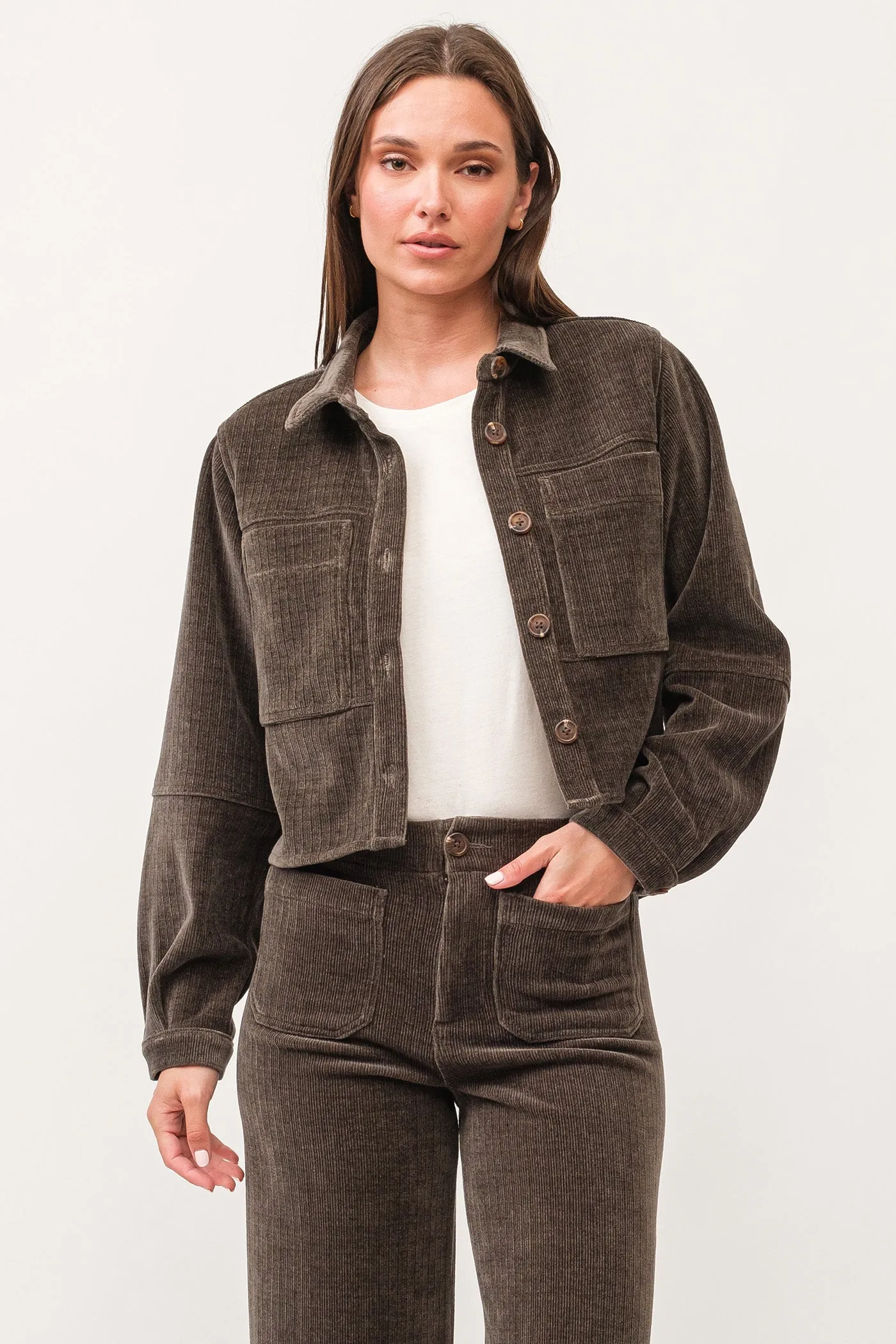 GINA CROPPED SHIRT JACKET DARK OLIVE CHENILLE