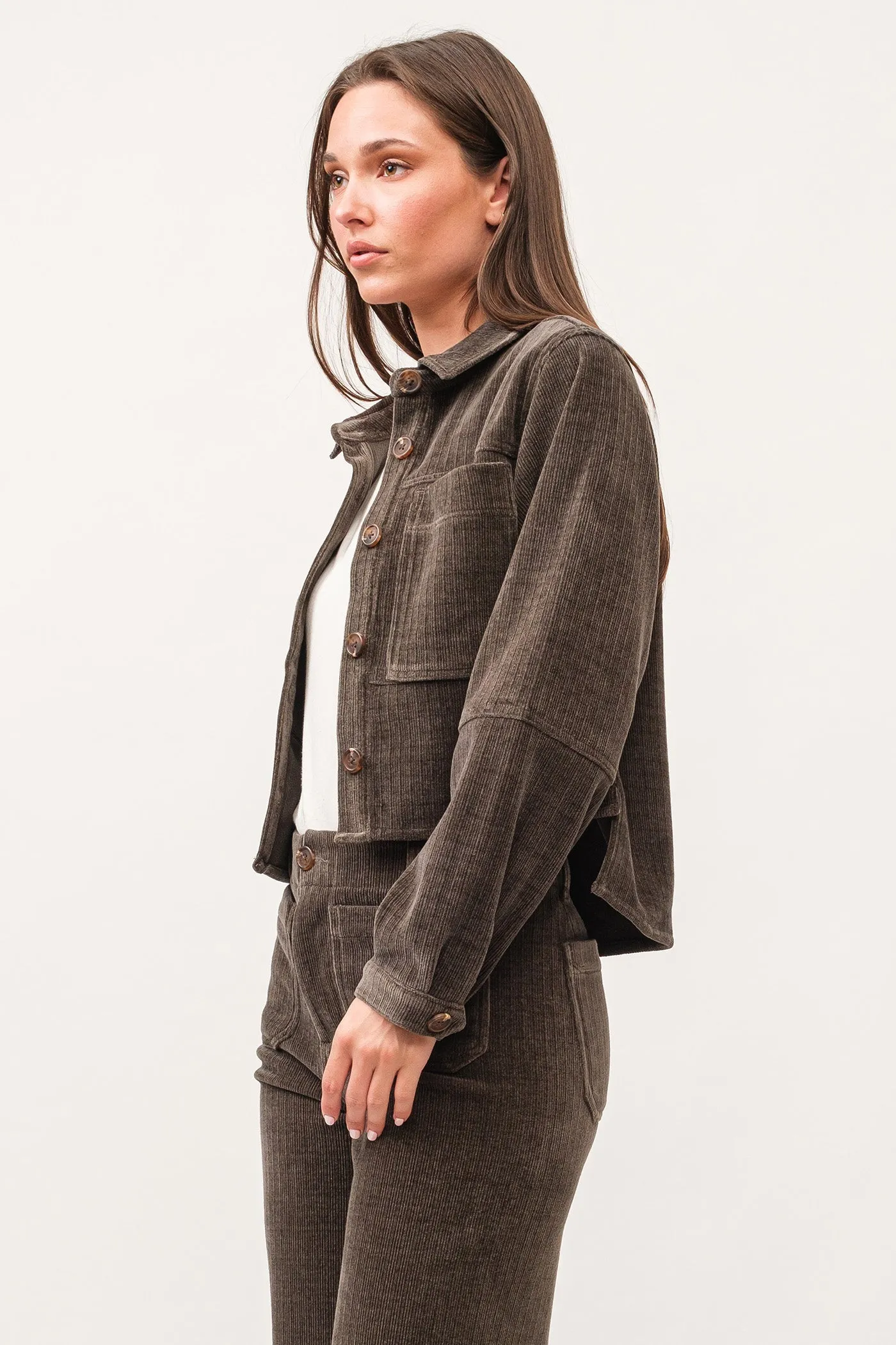 GINA CROPPED SHIRT JACKET DARK OLIVE CHENILLE