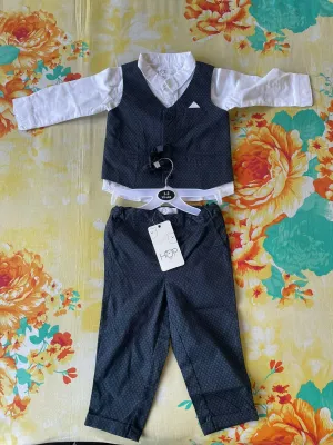 HOP BABY Shirt Waist Coat and Trouser Set - White/Black Grey pattern design