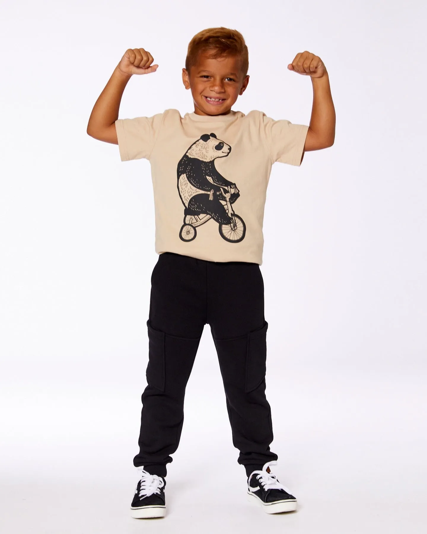 Organic Cotton Graphic Tee Black Panda On Beige Background