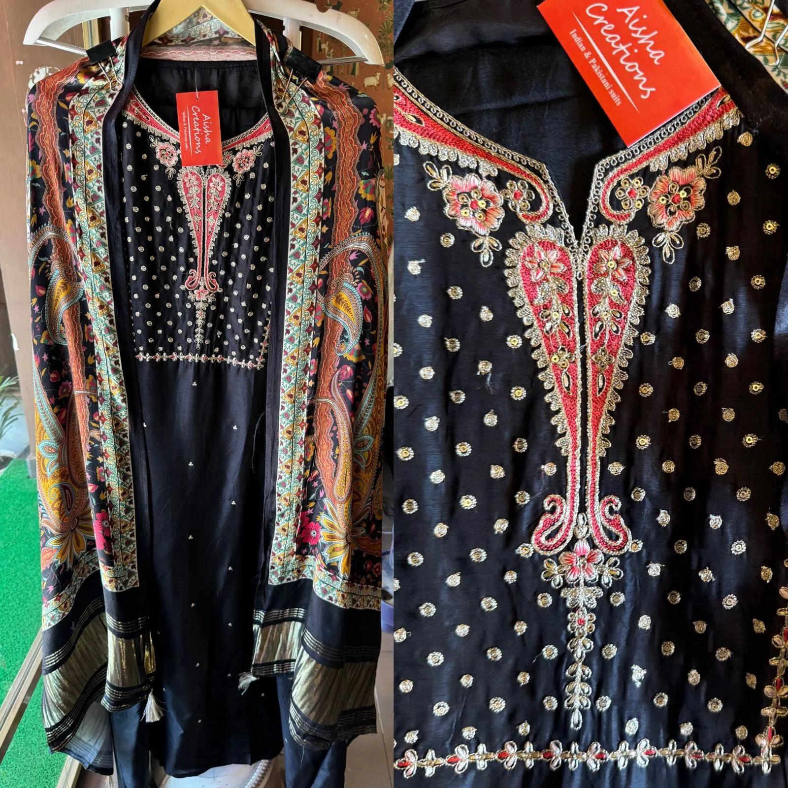 Pure Russian Silk Unstitched Shirt with very pretty Neckwork (Made with zari and dori work)