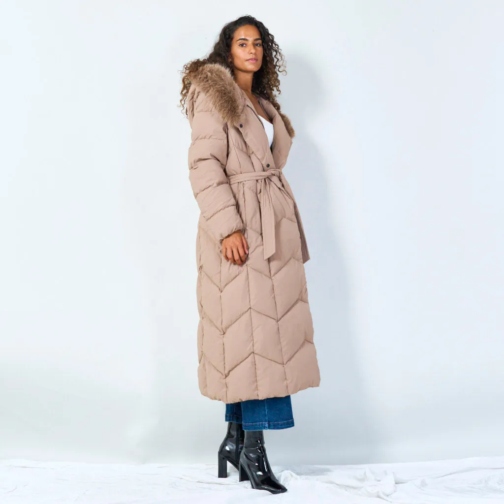 Quilted long coat with fur hood wholesale