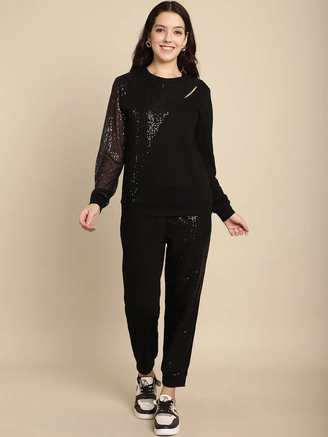 Sequined Cut-Out Sweatshirt Jogger Set