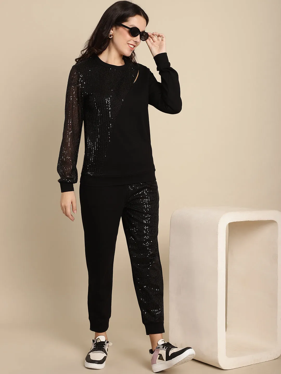 Sequined Cut-Out Sweatshirt Jogger Set