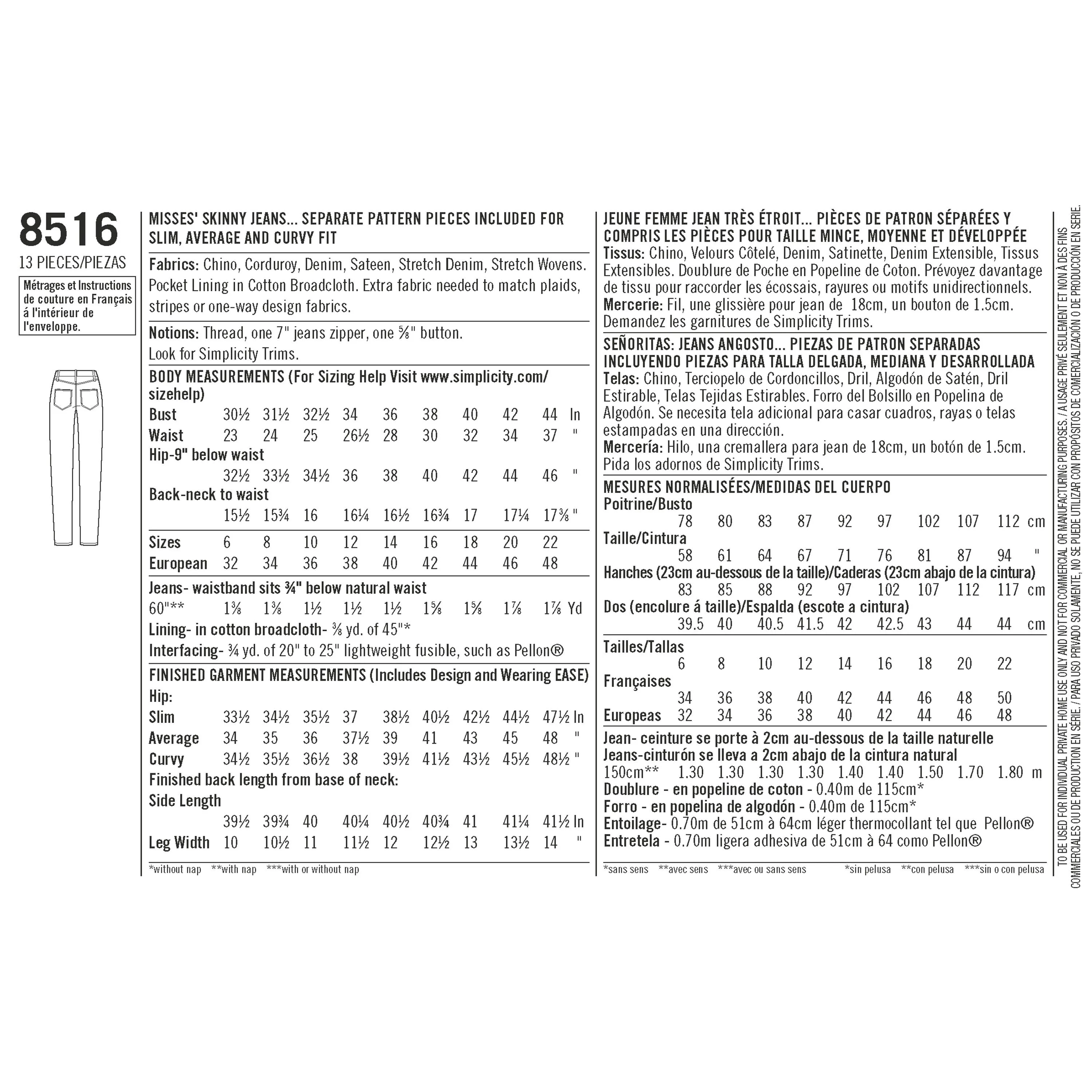 Simplicity Pattern 8516 misses mimi g skinny jeans