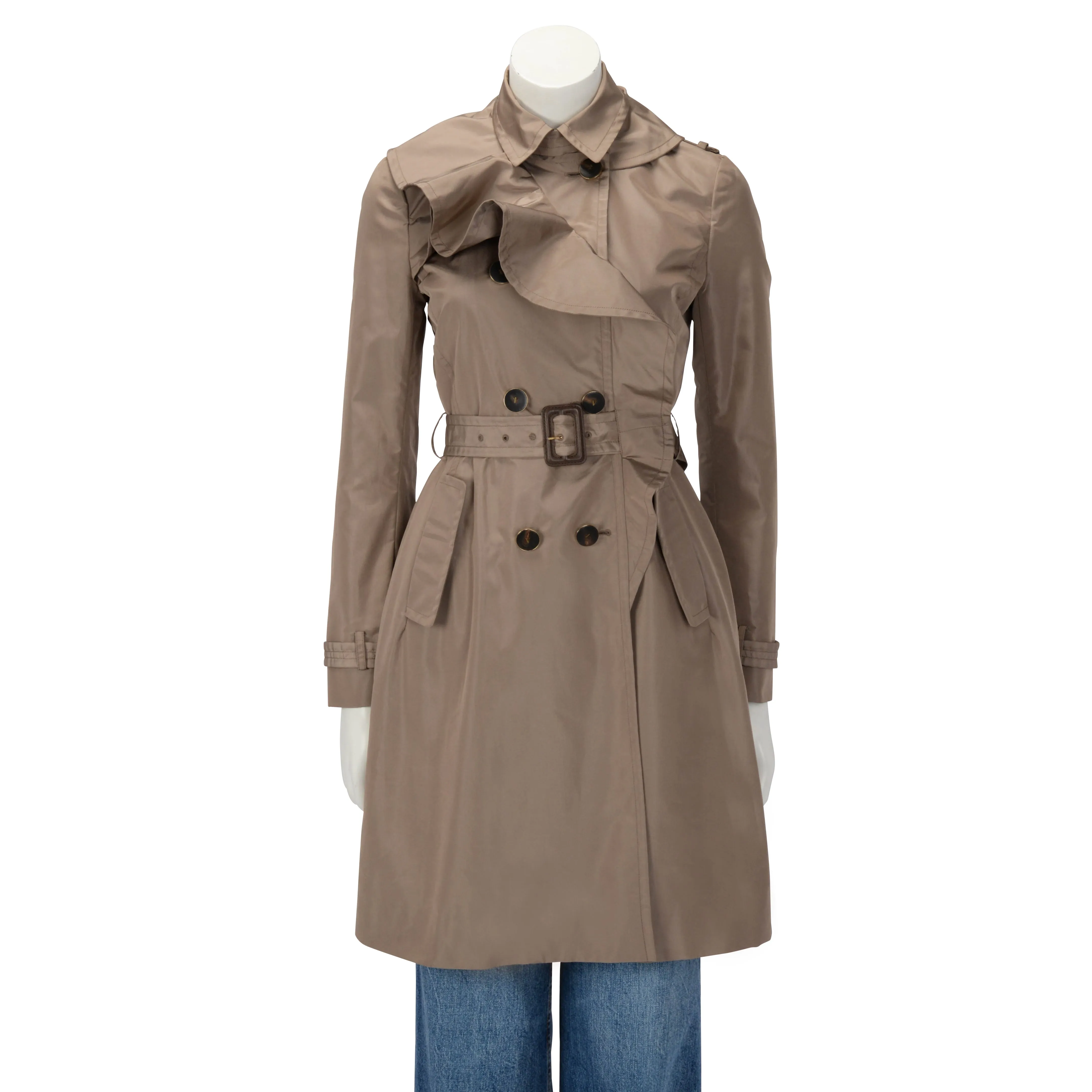 Valentino Taupe Silk Ruffle Front Trench Coat US 6