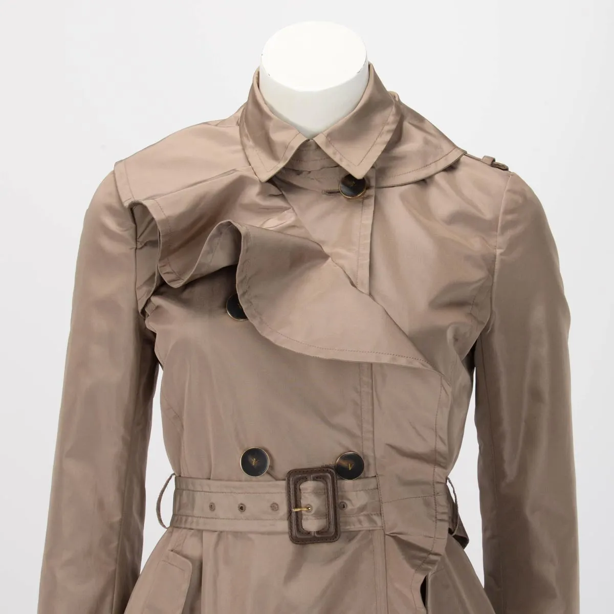 Valentino Taupe Silk Ruffle Front Trench Coat US 6
