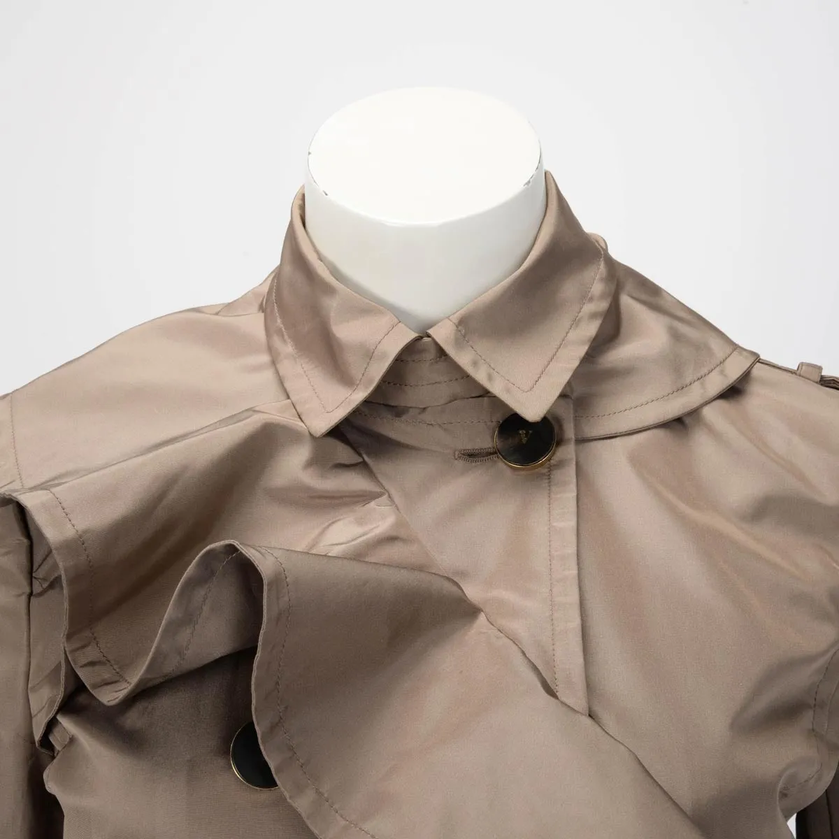 Valentino Taupe Silk Ruffle Front Trench Coat US 6