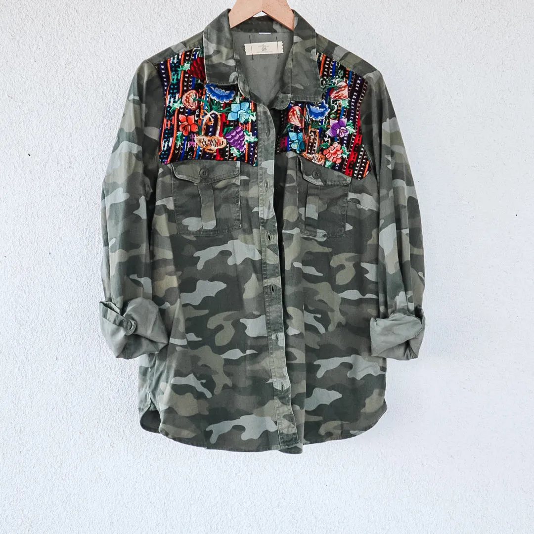 Vintage Military Utility Jacket with Vintage Huipil