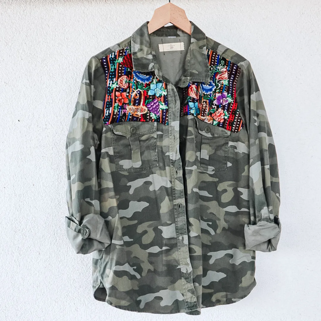 Vintage Military Utility Jacket with Vintage Huipil