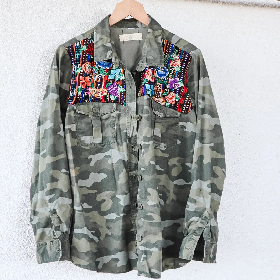 Vintage Military Utility Jacket with Vintage Huipil